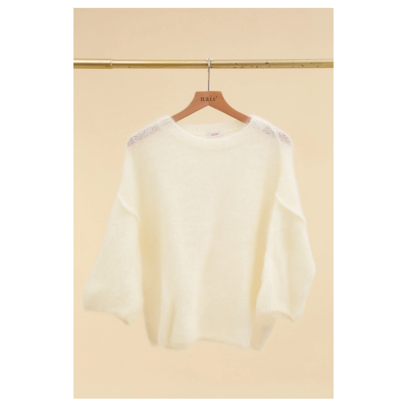 80% Kid Mohair lyhythihainen neulepaita, Ecru