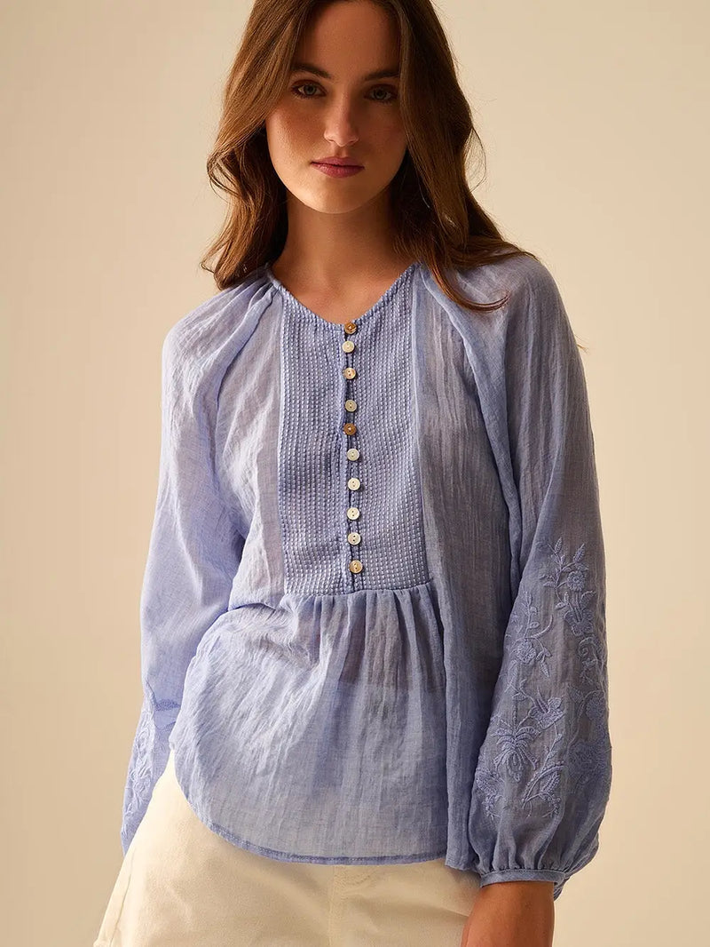 Q2 paitapusero brodeeratuilla hihoilla, Blue