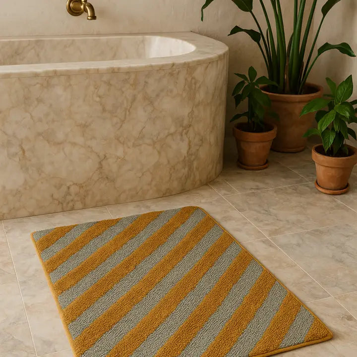 Diagonal Lines käsintehty kylpymatto, Moss Green/Gold, 60 × 90 cm