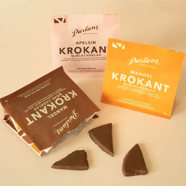 Pärlans Manteli krokantteja tummalla suklaalla