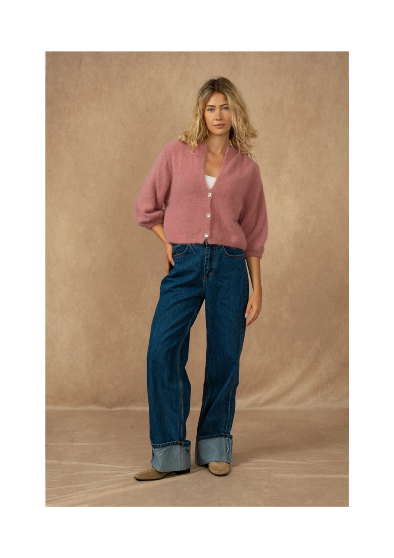 Buttoned Cardigan with 3/4 Sleeves, Old Rose