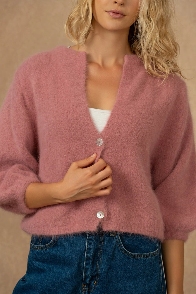 Buttoned Cardigan with 3/4 Sleeves, Old Rose