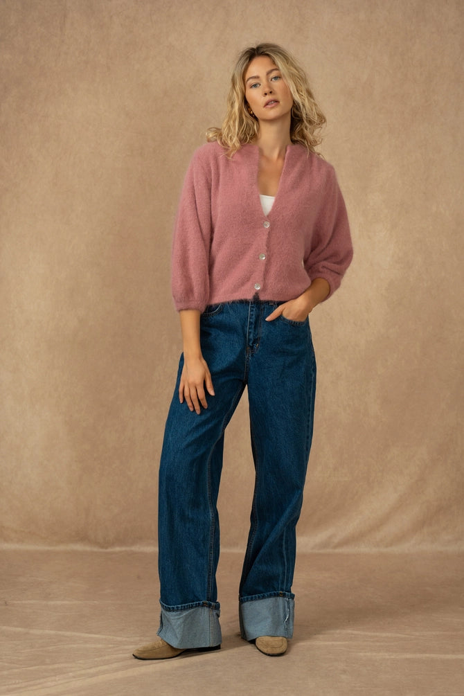 Buttoned Cardigan with 3/4 Sleeves, Old Rose