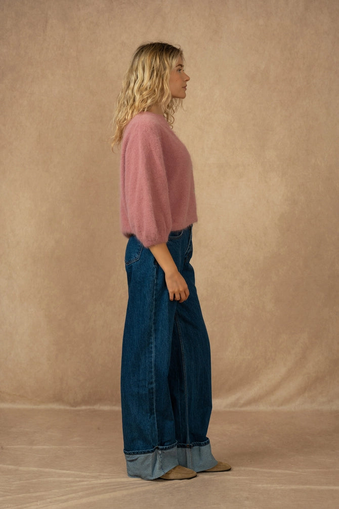 Buttoned Cardigan with 3/4 Sleeves, Old Rose