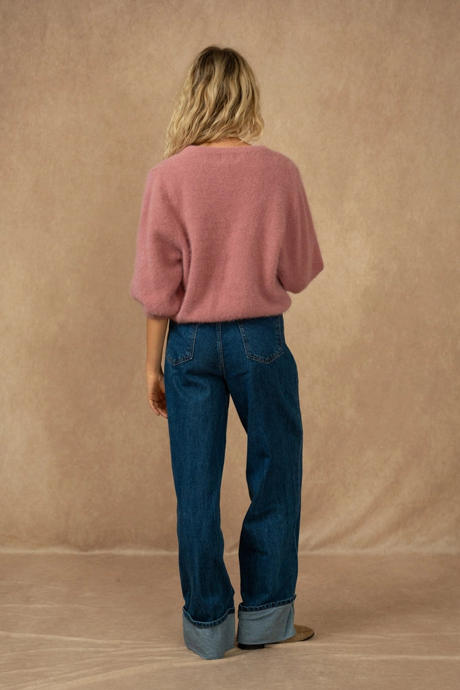 Buttoned Cardigan with 3/4 Sleeves, Old Rose
