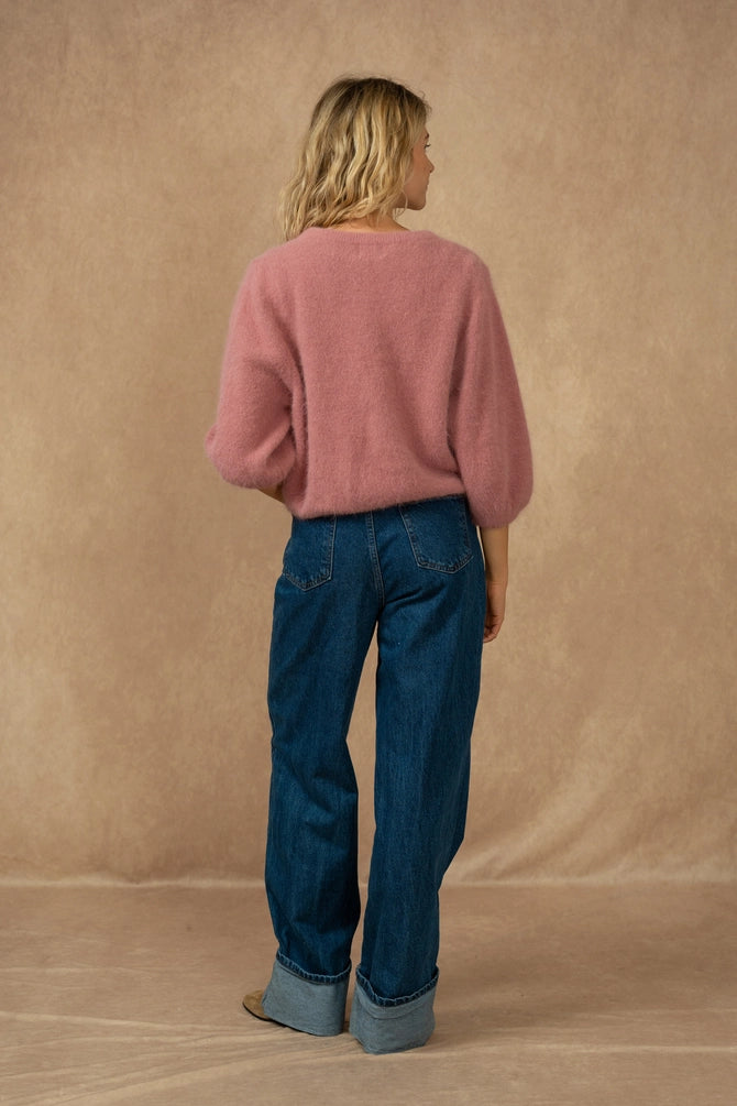 Buttoned Cardigan with 3/4 Sleeves, Old Rose