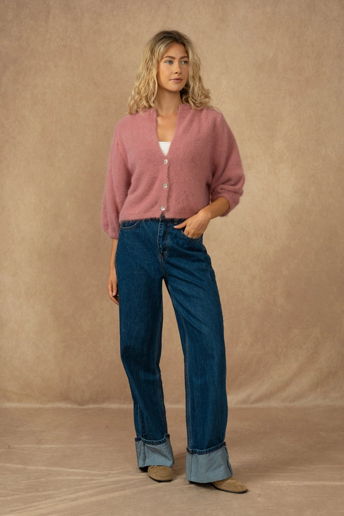 Buttoned Cardigan with 3/4 Sleeves, Old Rose