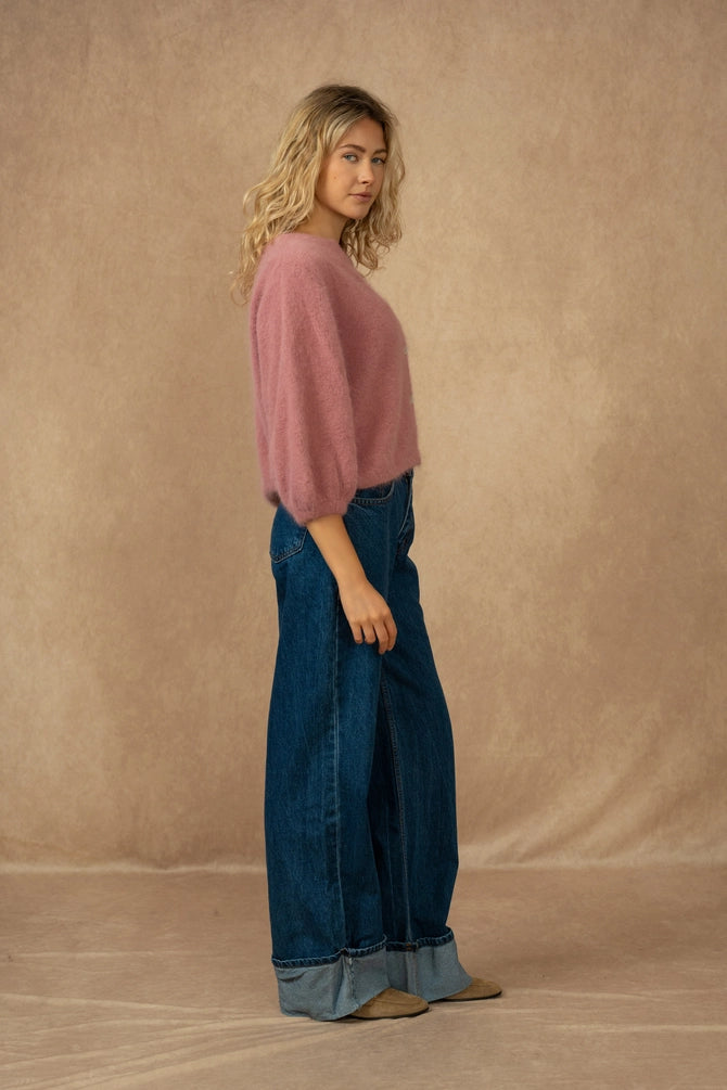 Buttoned Cardigan with 3/4 Sleeves, Old Rose