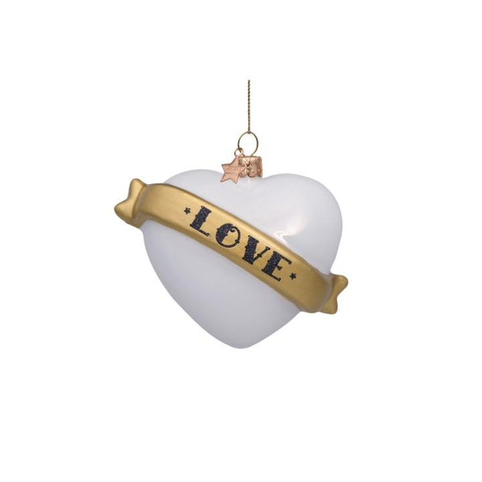 Ornament glass white opal heart w/text love H8.5cm